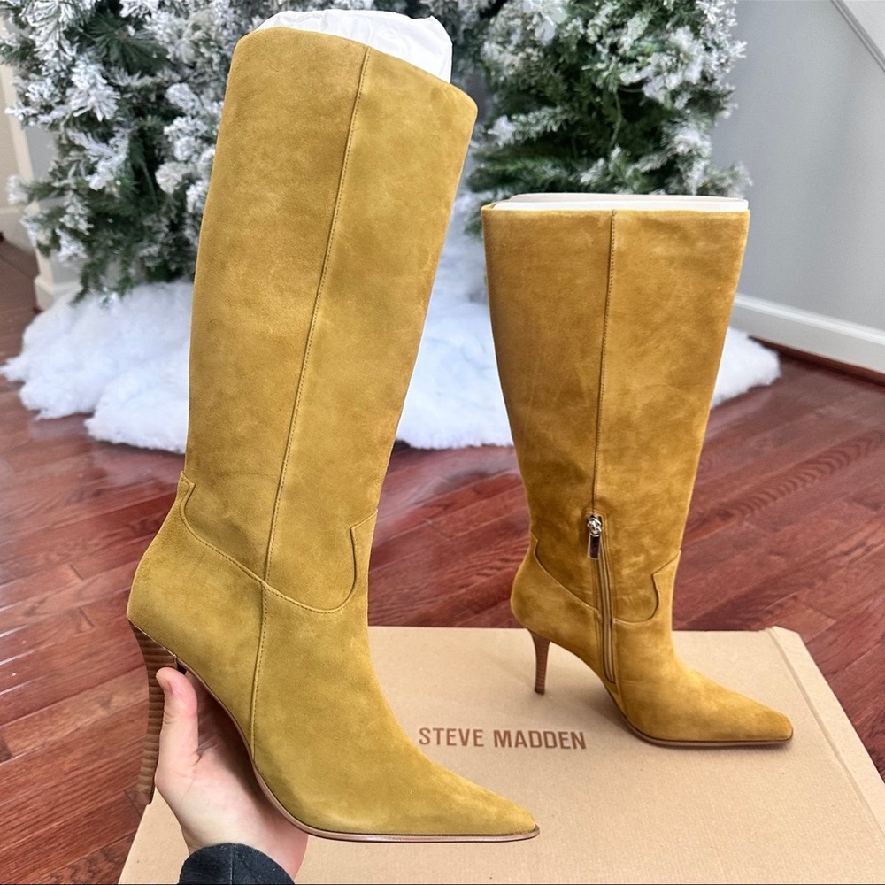 NEW Steve Madden Wescot Olive Suede Knee High Boots Heeled Boots - Picture 3 of 11